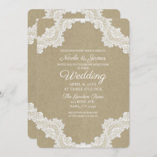 Elegant Rustic Romance White Lace & Kraft Wedding Kaart