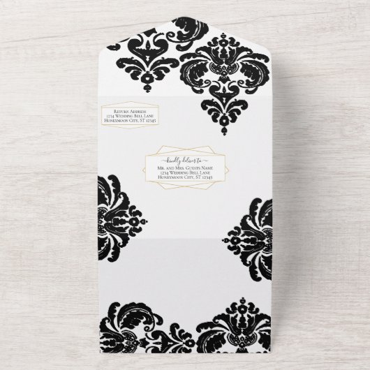 Elegant Rustic Simple Floral Damask-ontwerp All In One Uitnodiging (Buitenkant)