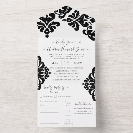 Elegant Rustic Simple Floral Damask-ontwerp All In One Uitnodiging (Binnen)
