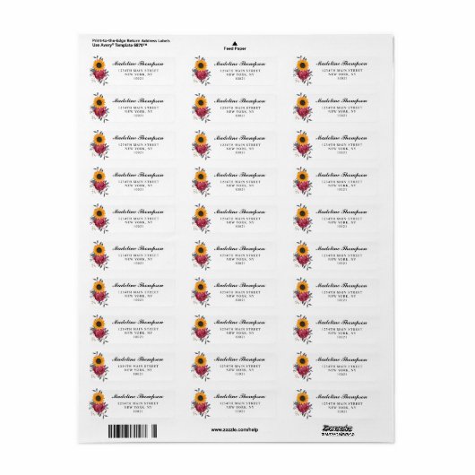 Elegant Rustic Sunflower Burgundy Script Etiket (Full Sheet)