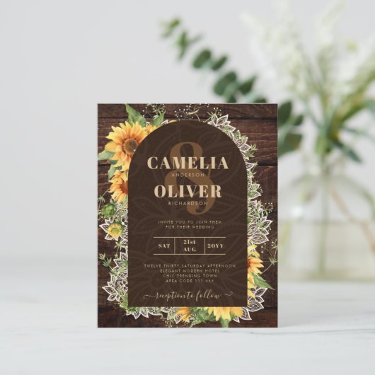 Elegant Rustic Sunflower en Lace Wedding Invite (Staand voorkant)