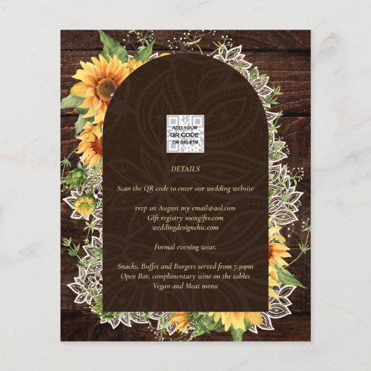 Elegant Rustic Sunflower en Lace Wedding Invite (Achterkant)