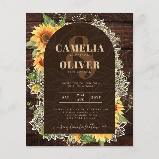 Elegant Rustic Sunflower en Lace Wedding Invite (Voorkant)