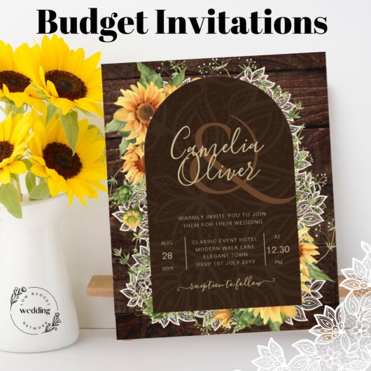 Elegant Rustic Sunflower en Lace Wedding Invite