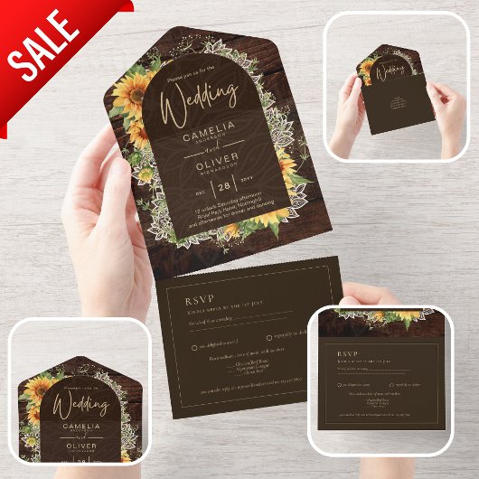 Elegant Rustic Sunflower en Lace Wedding Invite All In One Uitnodiging