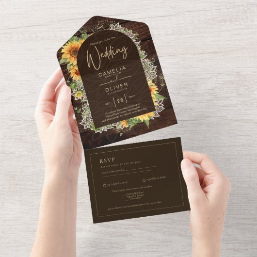 Elegant Rustic Sunflower en Lace Wedding Invite All In One Uitnodiging (Afscheurbaar)