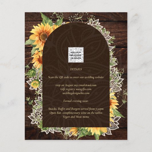 Elegant Rustic Sunflower en Lace Wedding Invite Flyer (Achterkant)