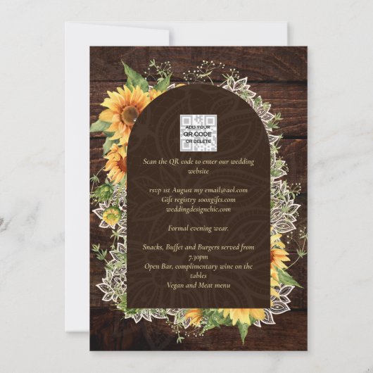 Elegant Rustic Sunflower en Lace Wedding Invite Kaart (Achterkant)