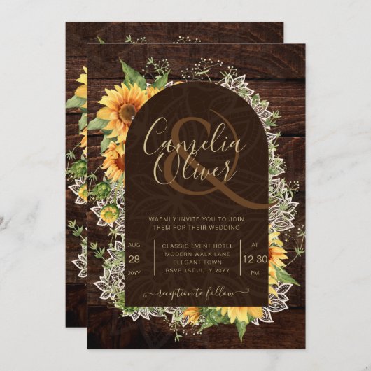 Elegant Rustic Sunflower en Lace Wedding Invite Kaart (Voorkant / Achterkant)