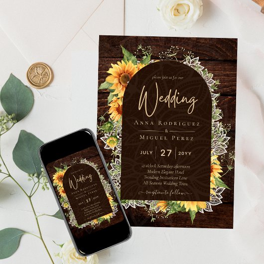 Elegant Rustic Sunflower en Lace Wedding Invite Kaart