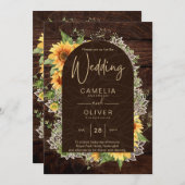 Elegant Rustic Sunflower en Lace Wedding Invite Kaart (Voorkant / Achterkant)
