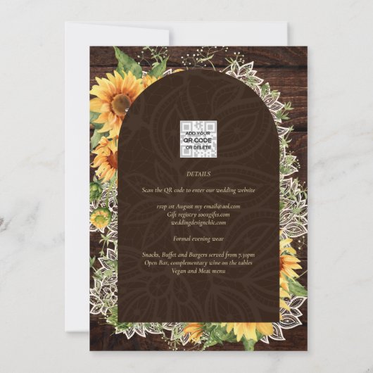 Elegant Rustic Sunflower en Lace Wedding Invite Kaart (Achterkant)