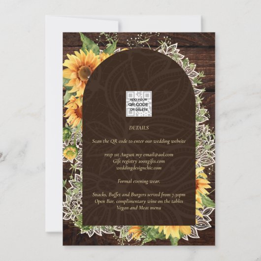 Elegant Rustic Sunflower en Lace Wedding Invite Kaart (Achterkant)