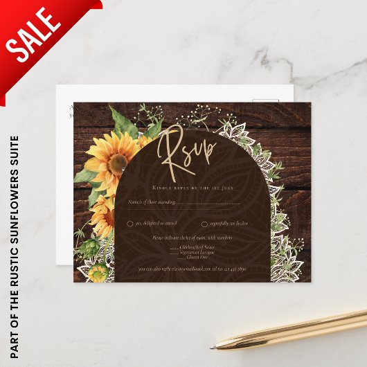 Elegant Rustic Sunflower en Lace Wedding RSVP Briefkaart