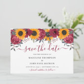 Elegant Rustic Sunflower Floral Burgundy Autumn Save The Date (Staand voorkant)