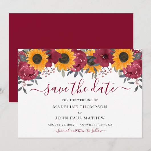 Elegant Rustic Sunflower Floral Burgundy Autumn Save The Date (Voorkant / Achterkant)