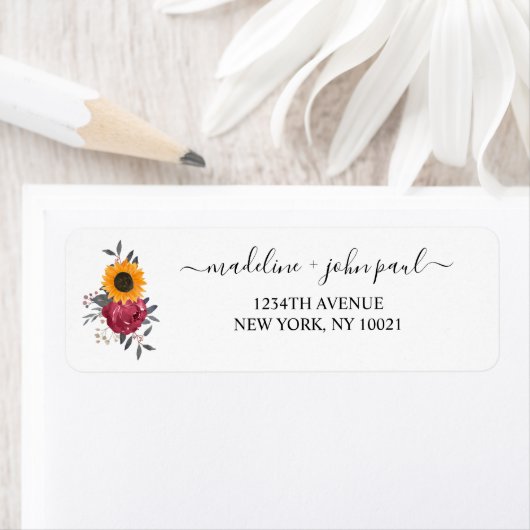 Elegant Rustic Sunflower Floral Burgundy Wedding Etiket (Insitu)