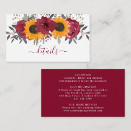 Elegant Rustic Sunflower Floral Burgundy Wedding Informatiekaartje