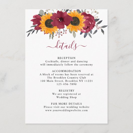 Elegant Rustic Sunflower Floral Burgundy Wedding Informatiekaartje (Voorkant)