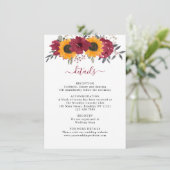 Elegant Rustic Sunflower Floral Burgundy Wedding Informatiekaartje (Staand voorkant)