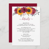 Elegant Rustic Sunflower Floral Burgundy Wedding Informatiekaartje (Voorkant / Achterkant)