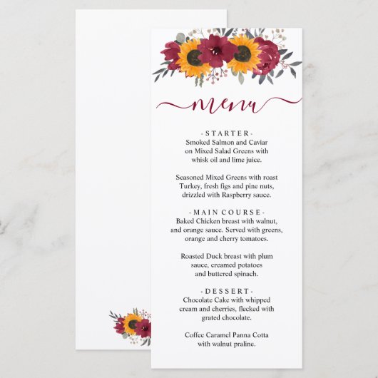 Elegant Rustic Sunflower Floral Burgundy Wedding Menu (Voorkant / Achterkant)