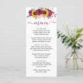 Elegant Rustic Sunflower Floral Burgundy Wedding Menu (Staand voorkant)