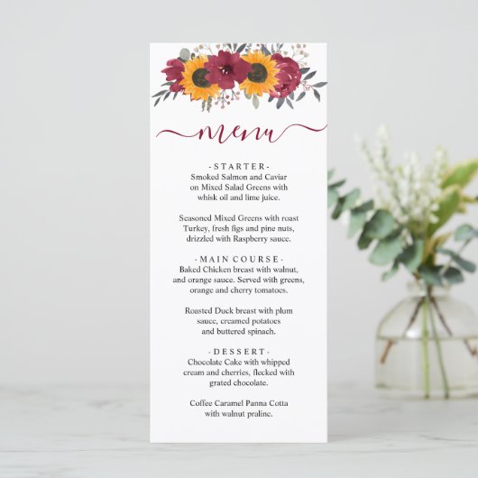 Elegant Rustic Sunflower Floral Burgundy Wedding Menu (Staand voorkant)