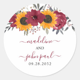 Elegant Rustic Sunflower Floral Burgundy Wedding Ronde Sticker