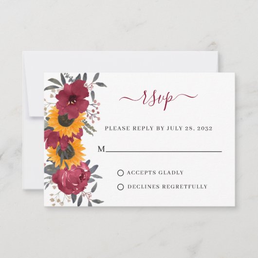 Elegant Rustic Sunflower Floral Burgundy Wedding RSVP Kaartje (Voorkant)