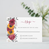 Elegant Rustic Sunflower Floral Burgundy Wedding RSVP Kaartje (Staand voorkant)