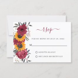 Elegant Rustic Sunflower Floral Burgundy Wedding RSVP Kaartje