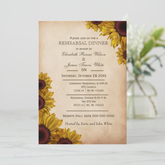 Elegant Rustic Sunflower repetial-uitnodigingen vo Kaart (Staand voorkant)
