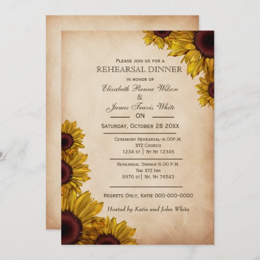 Elegant Rustic Sunflower repetial-uitnodigingen vo Kaart (Voorkant / Achterkant)