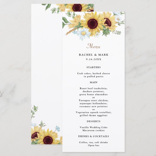 Elegant Rustic Sunflower Wedding Menu (Voorkant / Achterkant)