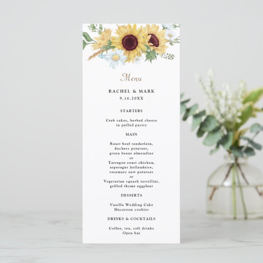 Elegant Rustic Sunflower Wedding Menu (Staand voorkant)