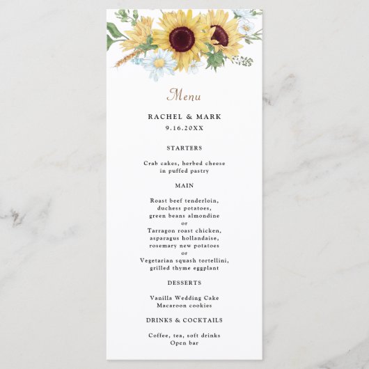 Elegant Rustic Sunflower Wedding Menu (Voorkant)