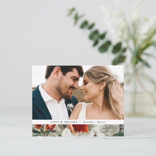 Elegant Rustic Terracotta Floral 2 Photo Wedding Bedankkaart (Staand voorkant)