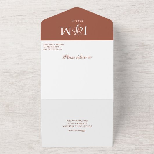 Elegant Rustic Terracotta Monogram Weddenschap All In One Uitnodiging (Buitenkant)