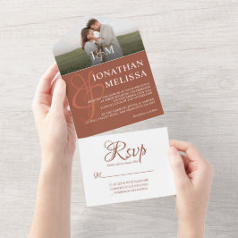 Elegant Rustic Terracotta Monogram Weddenschap All In One Uitnodiging