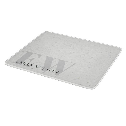 Elegant Rustic Terrazzo Stone Grey Name Monogram Snijplank (Hoek)