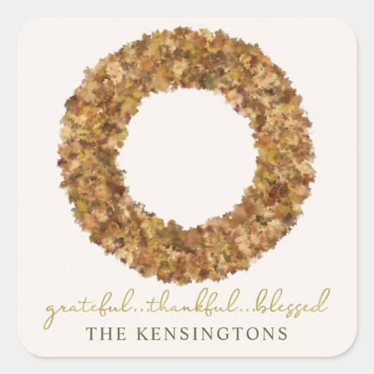 Elegant Rustic Thanksgiving Wreath Autumn Leaves Vierkante Sticker (Voorkant)