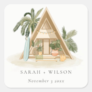 Elegant Rustic Tropical Palm Beach Shack Wedding Vierkante Sticker