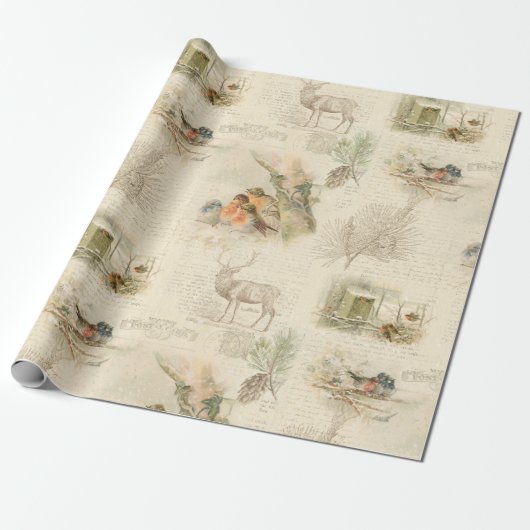 Elegant Rustic Vintage Kerstland Collage Cadeaupapier (Uitgerold)