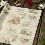 Elegant Rustic Vintage Kerstland Collage Cadeaupapier<br><div class="desc">Lossig  winterbos ephemercollage met gegraveerde vlekken,  dennen,  tekst,  schrift,  afbeeldingen van briefkaarten en zoete nestrobins op een verouderde perkamentab.</div>
