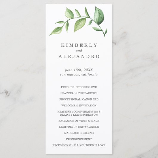 Elegant Rustic Waterverf Greenery Wedding Programmakaart (Voorkant)