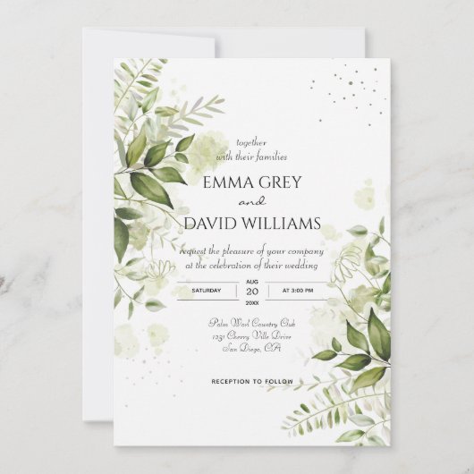 Elegant Rustic Waterverf laat groen huwelijk over Kaart (Voorkant)