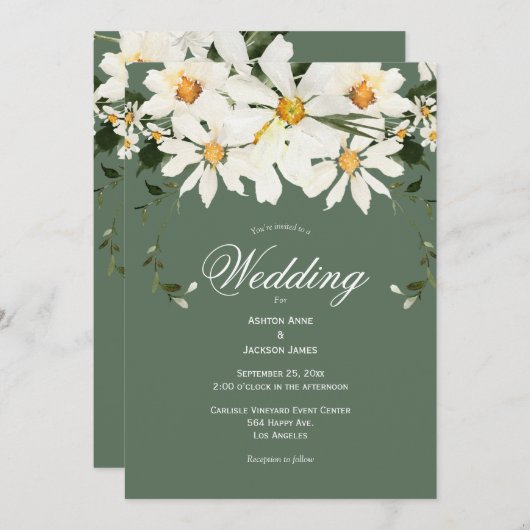 Elegant Rustic White Daisies Modern Green Wedding Kaart (Voorkant / Achterkant)