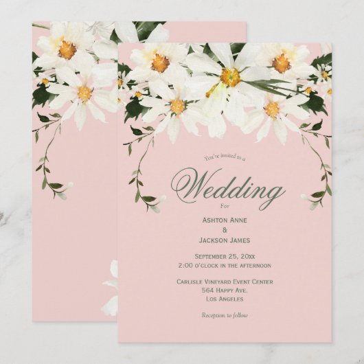 Elegant Rustic White Daisies Modern Pink Wedding Kaart (Voorkant / Achterkant)