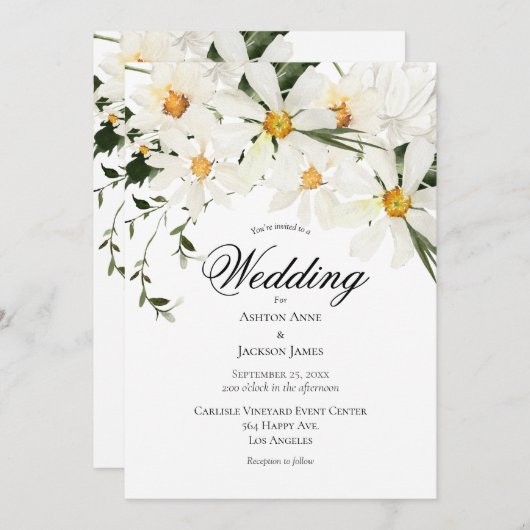 Elegant Rustic White Daisies Modern Wedding Kaart (Voorkant / Achterkant)